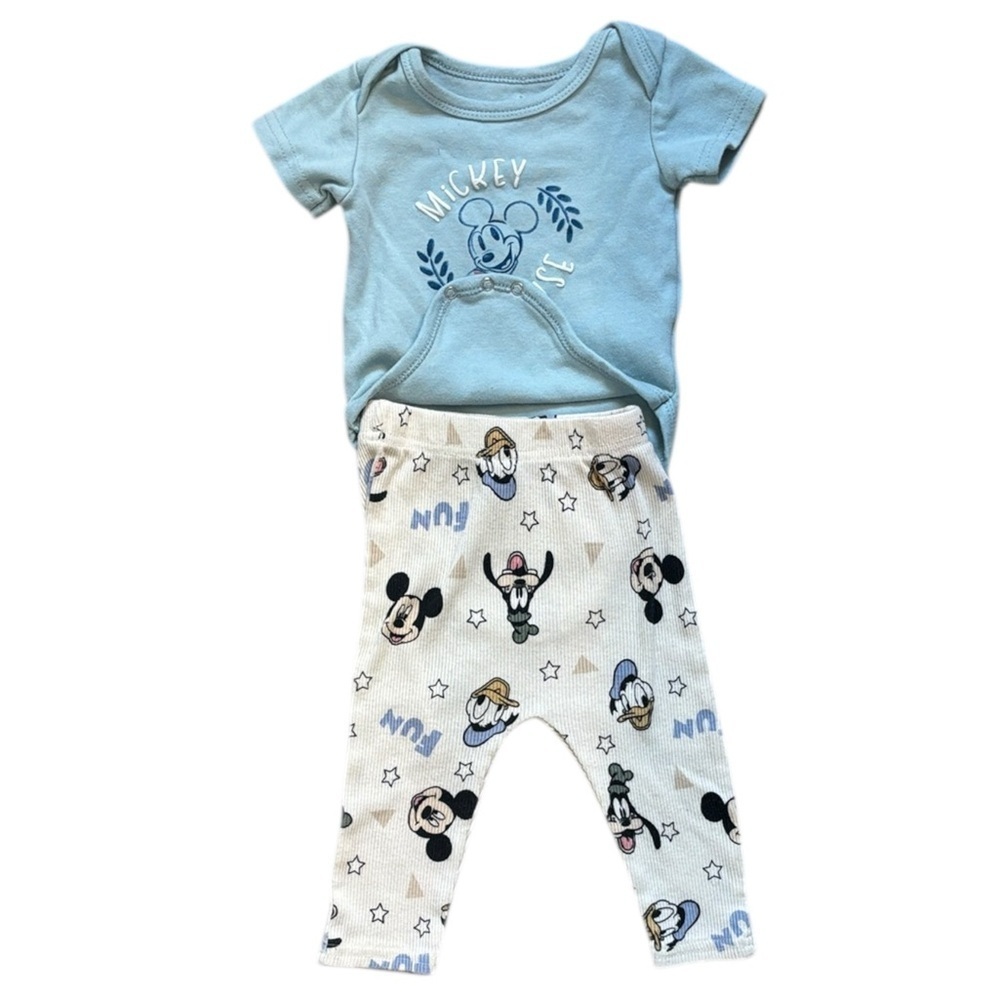 Disney 3-6mo Mickey Mouse & Friends Matching SS Onesie and Pants Set, EUC